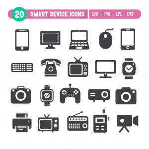 Puede incluir: Un conjunto de 20 iconos negros de dispositivos inteligentes, que incluyen un teléfono inteligente, un monitor de computadora, una computadora portátil, un ratón, un teclado, un teléfono, un televisor, un reloj inteligente, una cámara, un controlador de juegos. Texto: "20 SMART DEVICE ICONS".