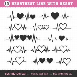 May include: A collection of black heartbeat line designs with heart shapes. The designs vary in the number of hearts and the style of the heartbeat line. Text at the top reads "13 HEARTBEAT LINE WITH HEART". The bottom text reads "SVG-PNG-EPS-DXF ... DIGITAL DOWNLOAD ... FREE COMMERCIAL USE".