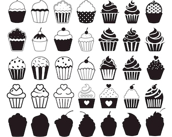 Cupcake SVG Bundle, 35 Cupcake Dessert Clipart Designs (Digital Download)