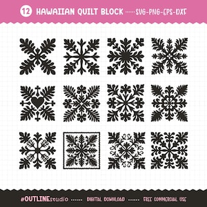 May include: A collection of 12 black Hawaiian quilt block designs. Each block features intricate floral and geometric patterns. The text "12 HAWAIIAN QUILT BLOCK" is at the top. The bottom text reads "#OUTLINEstudio DIGITAL DOWNLOAD FREE COMMERCIAL USE".