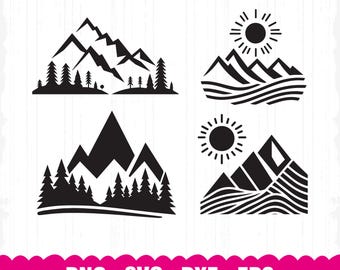 Pacchetto SVG di scene di montagna, file di taglio di sagome di alberi (download digitale)