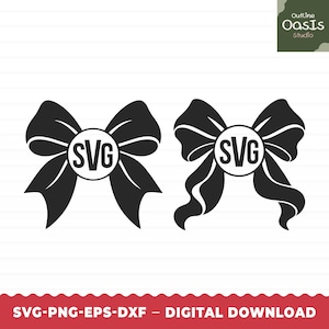 May include: Two black graphic bow designs featuring a central circular monogram area with the text SVG inside. The bows have distinct ribbon shapes and folds. A logo in the top right corner reads Outline OasIs Studio.