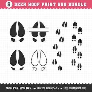 May include: A collection of six deer hoof print designs in black. The designs include various arrangements of the hoof prints, including single prints, pairs, and a trail. The text "6 DEER HOOF PRINT SVG BUNDLE" is at the top.