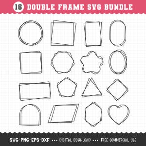 May include: A collection of 16 double-lined frame designs in various shapes, including circles, squares, and hearts. The frames are black and arranged on a grid background. Text at the top reads "16 DOUBLE FRAME SVG BUNDLE".