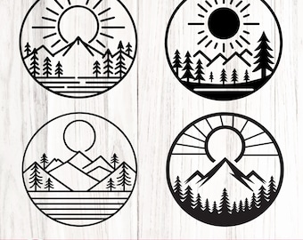 Pacchetto SVG Mountain Circle, alberi, silhouette di foresta (download digitale)