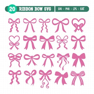 Op de afbeelding: Een verzameling van 20 roze lintboog SVG-ontwerpen. De strikken variëren in stijl, inclusief hartvormige en klassieke strikvormen. De afbeelding bevat de tekst "20 RIBBON BOW SVG" en bestandstype-afkortingen.
