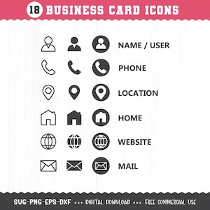 May include: A graphic with 18 black and white business card icons. Icons represent name/user, phone, location, home, website, and mail. The text at the top says "18 BUSINESS CARD ICONS". The bottom text indicates digital download and free commercial use.