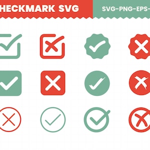 May include: A set of checkmark and cross icons in different shapes, including squares and circles. The icons are in green and red, with the text "CHECKMARK SVG" at the top.