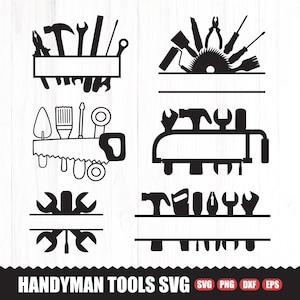 May include: Black and white graphic of various handyman tools, including hammers, wrenches, saws, and screwdrivers. Each tool grouping has a blank banner for personalization. The words "HANDYMAN TOOLS SVG" are at the bottom.