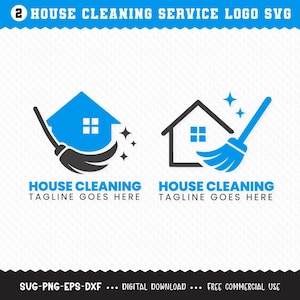 May include: Two house cleaning service logos. One features a blue house with a black broom and stars. The other logo shows a black house with a blue broom and stars. Text includes "HOUSE CLEANING" and "TAGLINE GOES HERE."