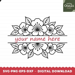 May include: A black and white digital graphic featuring a symmetrical floral design with leaves and blossoms. A horizontal line divides the floral arrangement, with the red text your name here centered between the two floral sections.