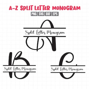 May include: Three black and white split letter monogram designs. The letters are A, B, and C. Each letter is split in half with a horizontal line and the text "Split Letter Monogram" below the line.