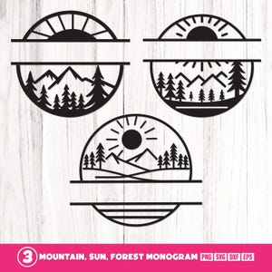Cartello personalizzato con nome diviso montagna, scena di montagna SVG, monogramma diviso SVG, cornice monogramma SVG, monogramma con nome SVG, alberi di montagna SVG
