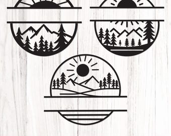Mountain Split Name Sign, Forest Scene Monogram (svg, png, dxf, eps)