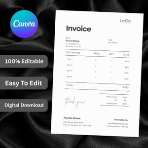 May include: A white digital invoice template featuring black text with sections for billing, item descriptions, prices, quantities, and totals. The document includes placeholders for a logo, contact information, payment methods, and a handwritten-style thank you note.