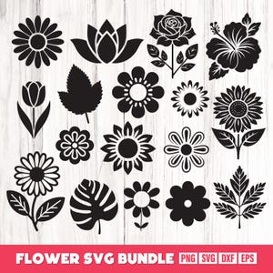 May include: A set of 18 black and white flower SVG cut files. The flowers include a sunflower, hibiscus, rose, lotus, and more.