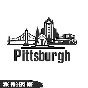 Puede incluir: Una ilustración gráfica negra del horizonte de Pittsburgh que presenta un puente colgante, una fuente central y edificios prominentes. La palabra Pittsburgh está impresa en una fuente negrita sin remates debajo de la silueta del horizonte.