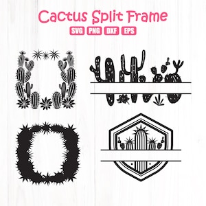 Könnte beinhalten: Schwarz-weiße Kaktus-Split-Rahmen-Designs. Das Bild zeigt vier verschiedene Kaktus-Rahmen, darunter ein kreisförmiger Rahmen, ein rechteckiger Rahmen und zwei weitere einzigartige Formen. Der Text "Cactus Split Frame" ist oben zu sehen.