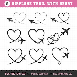 May include: Nine black airplane designs with heart-shaped trails. The designs include dotted and solid lines, with airplanes flying through or around the hearts. Text at the top reads "AIRPLANE TRAIL WITH HEART".