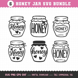 Puede incluir: Un paquete SVG en blanco y negro con seis diseños de tarros de miel. Cada tarro tiene una tapa y la palabra "Honey" en varias fuentes. Algunos diseños incluyen corazones. El texto "6 HONEY JAR SVG BUNDLE" está en la parte superior.