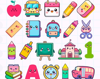 Cute School Supplies, Kawaii School PNG, School Supplies PNG, Back to School PNG, School Clipart, Cute Classroom Png, Kawaii Back to School