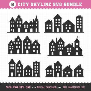 Peut inclure: Un ensemble SVG numérique présentant six silhouettes de villes noires. Les motifs comprennent divers bâtiments, tels que des maisons et des appartements, avec différentes formes de toits. Le texte "6 CITY SKYLINE SVG BUNDLE" est en haut de l'image.