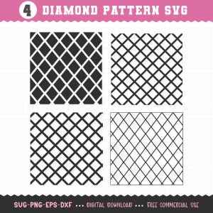 May include: Four black diamond pattern designs are displayed on a white background. The patterns vary in line thickness and style, with the text "4 DIAMOND PATTERN SVG" at the top. The bottom text reads "SUG-PNG-EPS-DXF ... DIGITAL DOWNLOAD ... FREE COMMERCIAL USE."