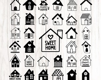 May include: A collection of 30 black and white house illustrations. The houses are drawn in a variety of styles, some with hearts, some with windows, and some with doors. The text "Sweet Home" appears on several of the houses.