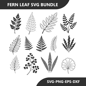 May include: A digital collection of twelve distinct black and white fern leaf illustrations arranged in a grid. The top header reads FERN LEAF SVG BUNDLE and the bottom footer displays the text SVG-PNG-EPS-DXF in a clean sans-serif font.