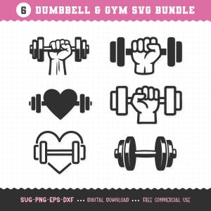 May include: A black and white SVG bundle featuring six dumbbell designs. The designs include dumbbells held by a hand, a dumbbell with a heart, and a dumbbell with a heart outline. Text at the top reads "6 DUMBBELL & GYM SVG BUNDLE".