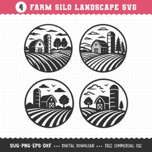 Puede incluir: Cuatro diseños SVG de paisaje de granja con silo en blanco y negro, en marcos circulares. Cada diseño presenta un granero, un silo, campos, árboles y nubes. El texto en la parte superior dice "4 FARM SILO LANDSCAPE SVG".