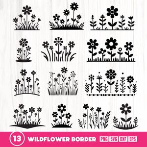Könnte beinhalten: Ein Set mit 13 Schwarz-Weiß-Silhouettenbildern von Wildblumenbordüren. Die Bilder sind perfekt für Bastel-, Scrapbooking- und digitale Designprojekte.