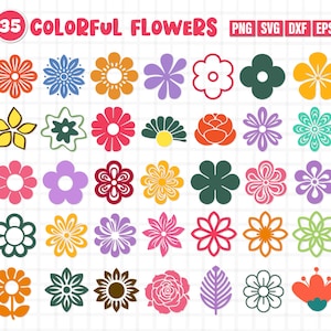 Paquete de flores SVG, paquete de flores PNG, clipart de flores, paquete de flores SVG, SVG de flores retro, archivo de corte de flores, SVG de flores, SVG de flores simples