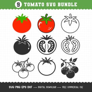 May include: A collection of nine tomato-themed SVG designs. The designs include whole tomatoes in red and black, outlined tomatoes, and sliced tomatoes. The text "9 TOMATO SVG BUNDLE" is at the top. The bottom text reads "SVG-PNG-EPS-DXF ... DIGITAL DOWNLOAD ... FREE COMMERCIAL USE."
