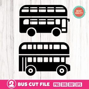 May include: A black and white silhouette of a double-decker bus. The bus has two levels and a rounded roof. The bus is facing forward and has a simple design.