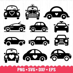 Könnte beinhalten: Ein Set mit 12 schwarzen und weißen SVG-Schnittdateien für Autosilhouetten. Die Autos sind in verschiedenen Stilen, darunter ein Oldtimer, eine Limousine, ein Kombi und ein Van. Einige der Autos haben Herzen auf der Vorderseite.