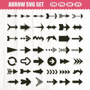 May include: A set of 36 black arrow SVG files. The arrows are in various styles, including simple, curved, and decorative. The arrows are all pointing in different directions.