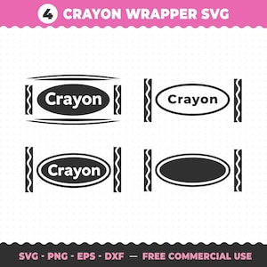 Puede incluir: Un conjunto gráfico digital con cuatro diseños de envoltorios de crayones en blanco y negro. El texto 4 CRAYON WRAPPER SVG está en la parte superior, y SVG - PNG - EPS - DXF - FREE COMMERCIAL USE en la inferior. Incluye óvalos y líneas.