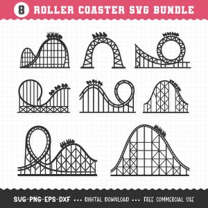 May include: A collection of eight black roller coaster designs in various configurations. Each design features a track with a train car at the top. The text "8 ROLLER COASTER SVG BUNDLE" is at the top, and "SVG-PNG-EPS-DXF ... DIGITAL DOWNLOAD ... FREE COMMERCIAL USE" is at the bottom.