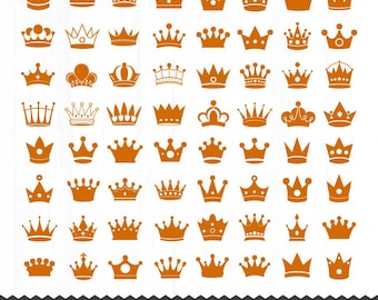 Op de afbeelding: Een verzameling van 48 oranje kroonillustraties in verschillende ontwerpen. De kronen zijn in een platte, silhouetstijl, met details zoals punten, rondingen en versieringen. De tekst "CROWN SVG SET" staat onderaan, samen met pictogrammen voor bestandstypen.