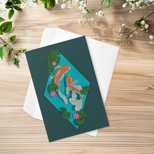 Carte de voeux pour étang à poissons Koi, illustration botanique de lys japonais floral paisible carte de correspondance vierge