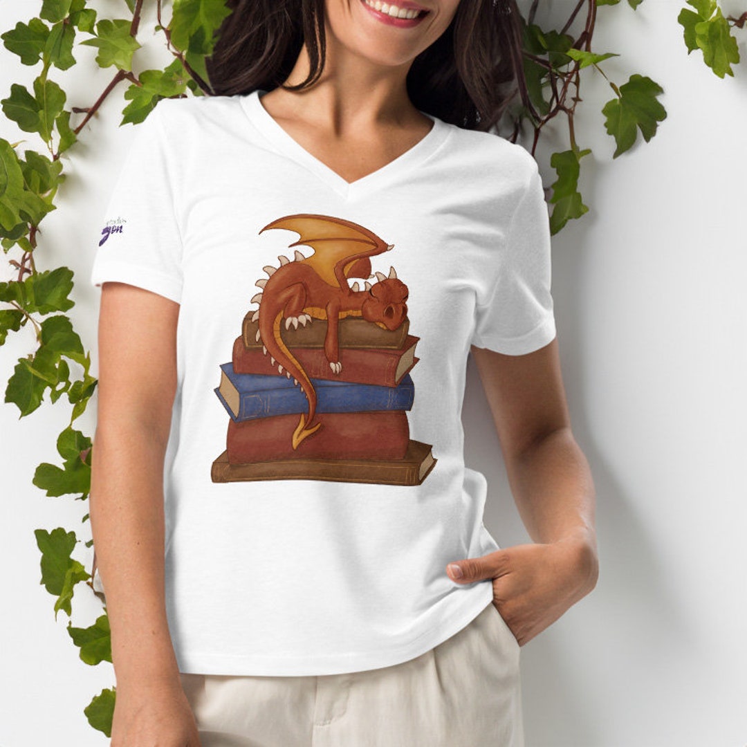 Sleepy Red Book Dragon Tshirt Women's Stack of Books Vneck