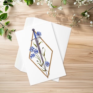Épée longue et bleuets, carte de voeux aquarelle, épée médiévale fantastique, illustration botanique, carte de correspondance vierge