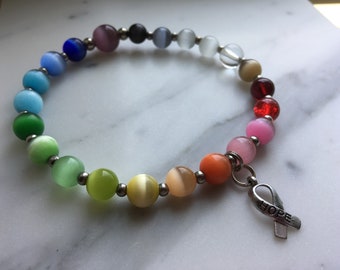 Bigger beads!  8 inch Rainbow Cat's Eye Beaded Cancer Awareness Hope Bracelet with larger pure bead & hope ribbon charm- 100% donation