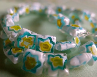 50 milifiore  glass pillow beads square bright aqua yellow white- 100% donation to Gateway for Cancer Research