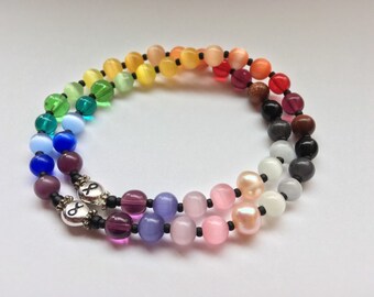 Double Rainbow  Custom Cat's Eye Beaded Cancer Awareness Bracelet- 100% donation