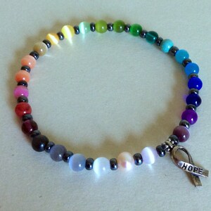 Custom HOPE Rainbow Cat's Eye Beaded Cancer Awareness Bracelet in YOUR size image 1