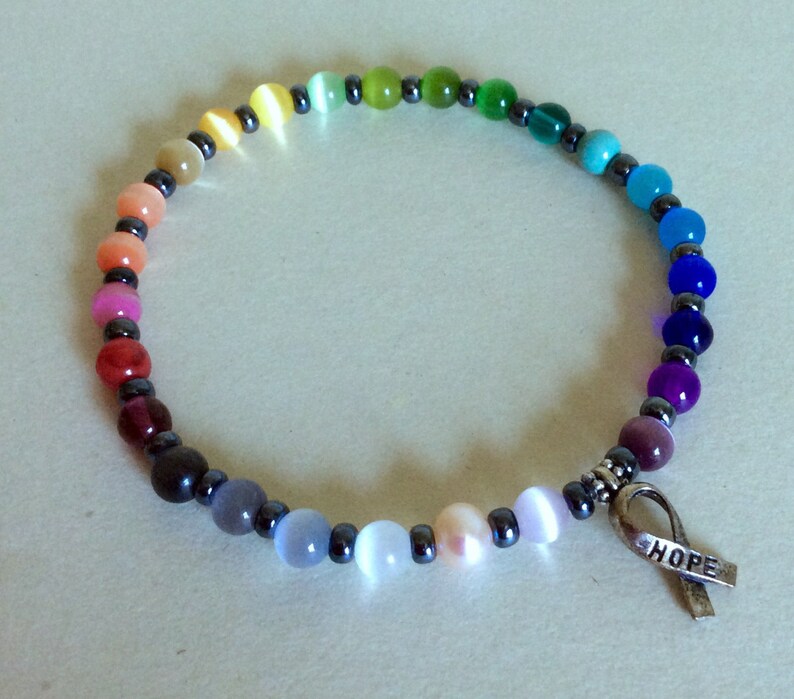 Custom HOPE Rainbow Cat's Eye Beaded Cancer Awareness Bracelet in YOUR size image 1
