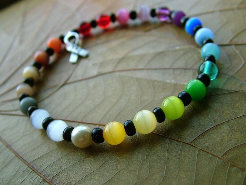 Custom HOPE Rainbow Cat's Eye Beaded Cancer Awareness Bracelet in YOUR size image 3