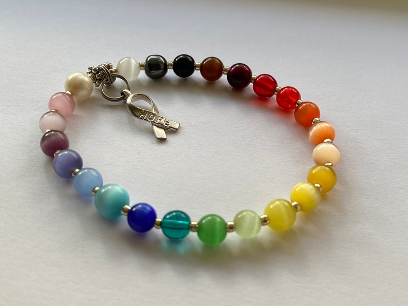 Custom HOPE Rainbow Cat's Eye Beaded Cancer Awareness Bracelet in YOUR size image 2